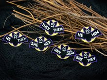 Load image into Gallery viewer, Bat Pronoun Pins *GLOW in the DARK*
