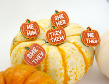 Load image into Gallery viewer, Pumpkin Pronouns Pins *GLOW in the DARK*
